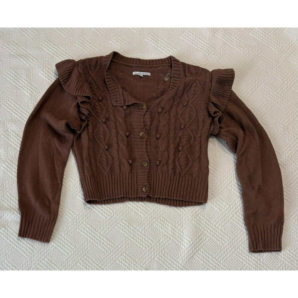 Celebrity Pink Women's Long Sleeve Brown Cable Knit Cardigan Sweater Med Pom Pom